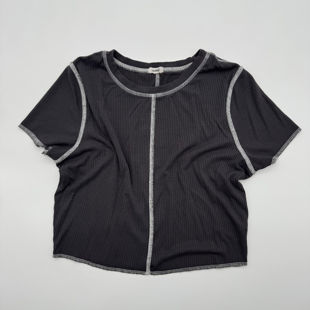 Garage Womens Ribbed‎ Crop Top Charcoal Grey White Exposed Seam Baby Tee Large